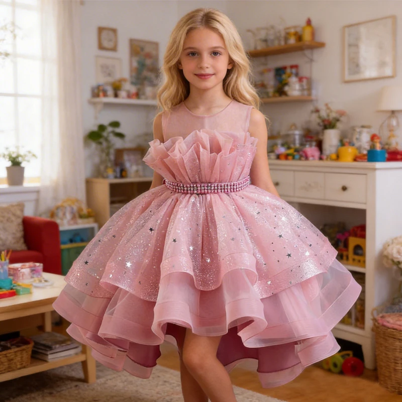 Fashion Girls Sequin Dress Lace Mesh Sleeveless Kids Girl Princess Dress Summer Girls Dresses for Party and Wedding 3-12 Years