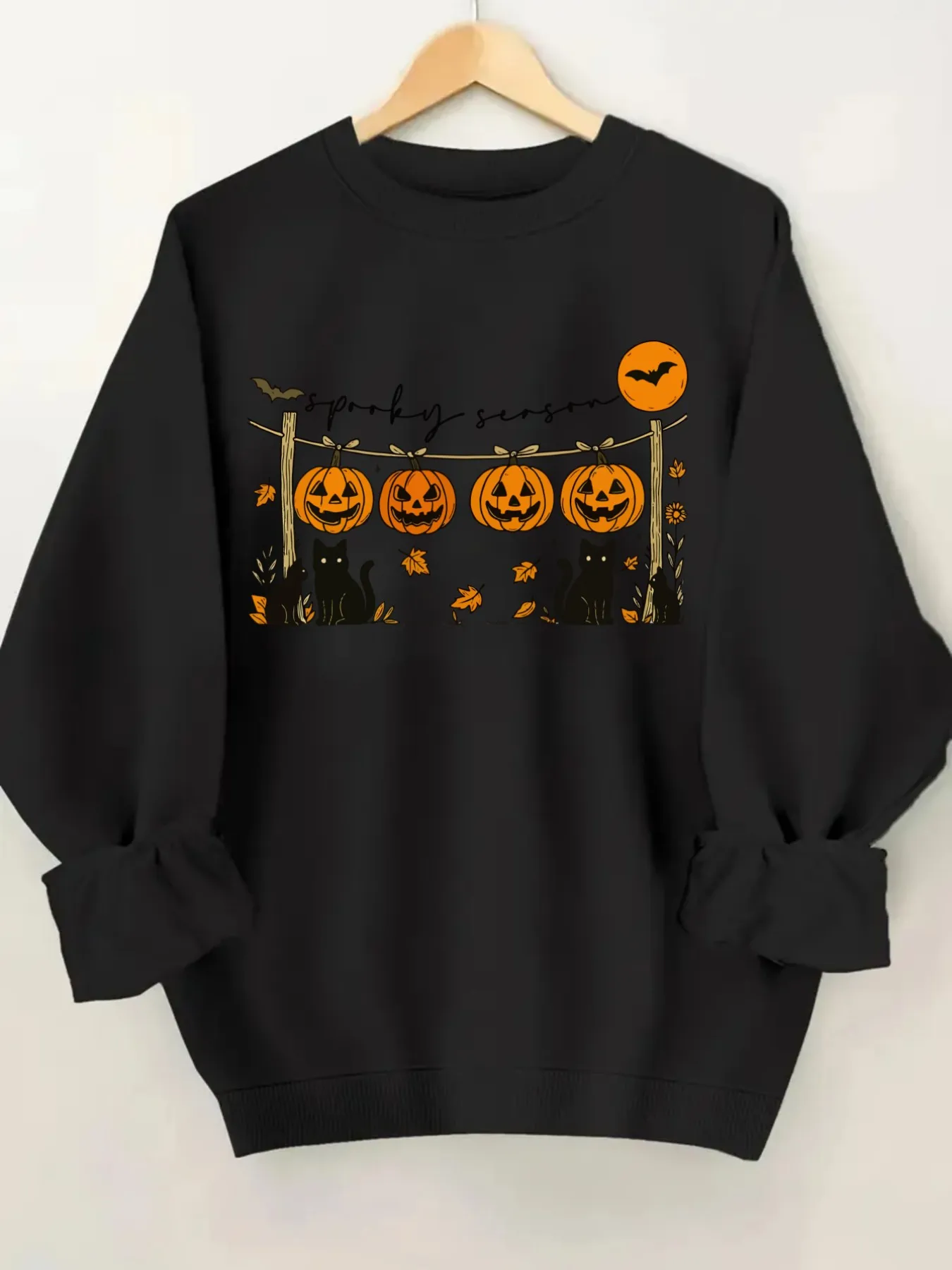 Women's Crew Neck Pullover Sweatshirt Spooky Season Print Design, Soft Casual Long Sleeve, Daily Casual Top Outfit, Winter Women's Clothing, Halloween Costume Outfit