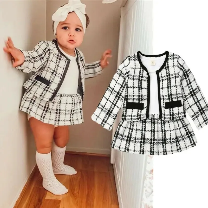 1-5years Baby Girls 2pcs Outfits Black White Plaid Coat Tops Patchwork O Neck Tutu Dress Girls Spring Autumn Clothes Set