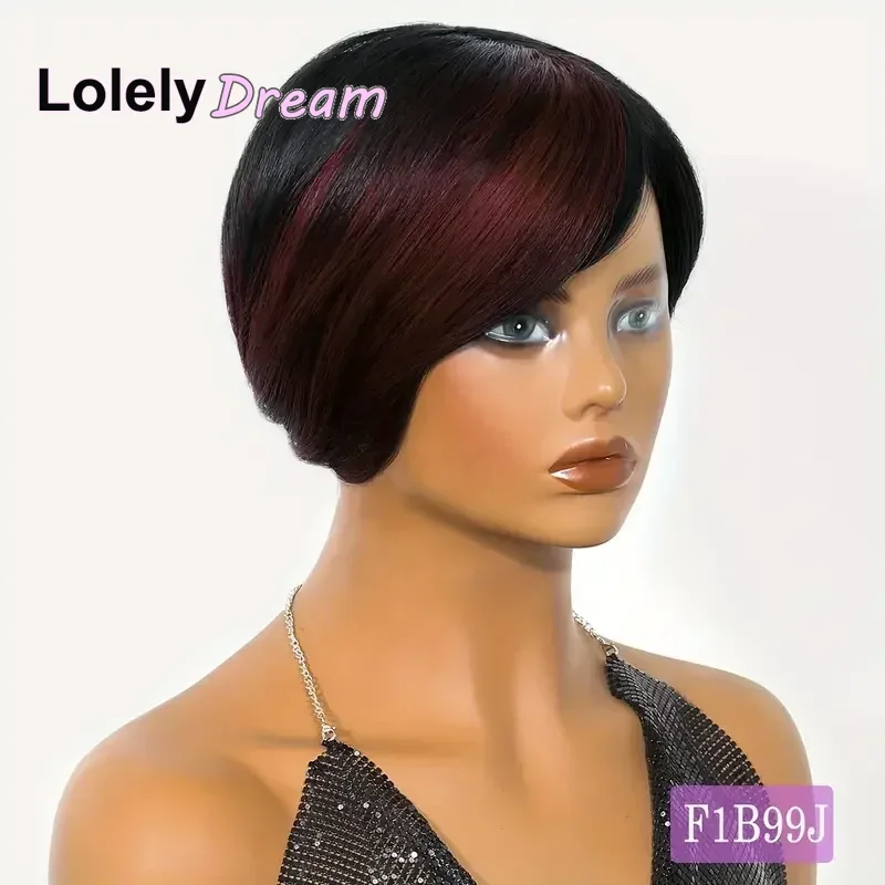 Straight Short Pixie Cut Human Hair Wigs Full Machine Made #1B/27 #1B/99J #1B/Bug Ombre Colored Hair Wear Comfortable