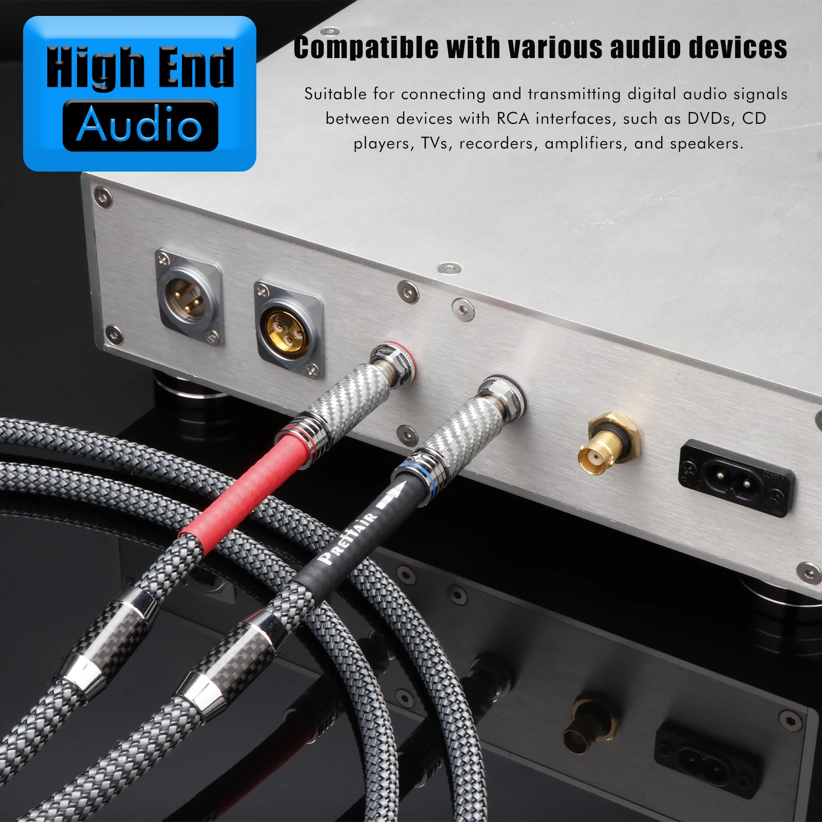 Preffair OFC Silver Plated Carbon Fiber RCA Male to Male Audio Cable with anti electromagnetism ring For Amplifier loudspeaker
