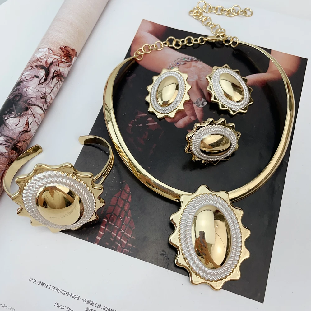 

Women Necklace Earrings Bracelet Ring Jewelry Set Luxury Design Dubai 18K Gold Plated Wedding Party Jewellwey Gift FHK15552