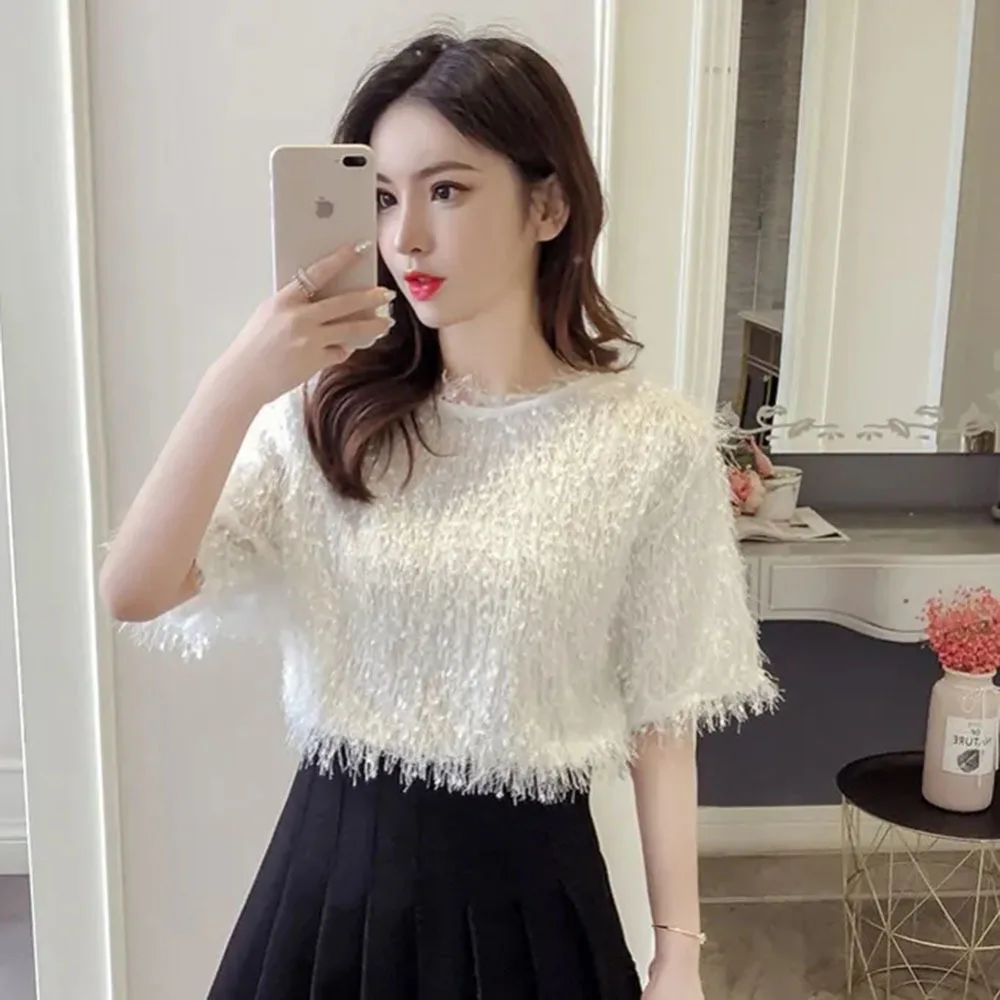 2023 Summer New Korean FashionT-shirt Women Solid Color Round Neck Short Sleeve Tops Women\'s Sweet Temperament Tassels Tees