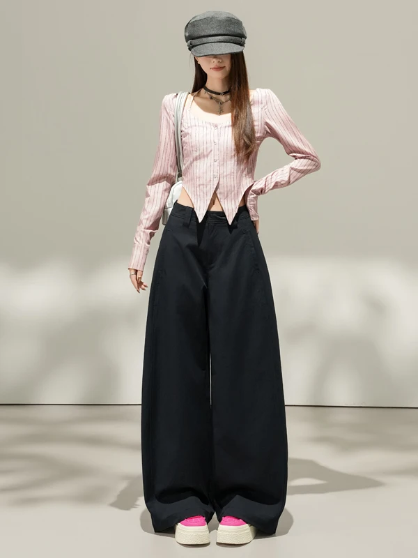 카키 레트로 나이프 워크 팬츠 하이웨이스트 루즈 캐주얼 여성용 바지 봄 가을 와이드 레그 팬츠 힙 커버