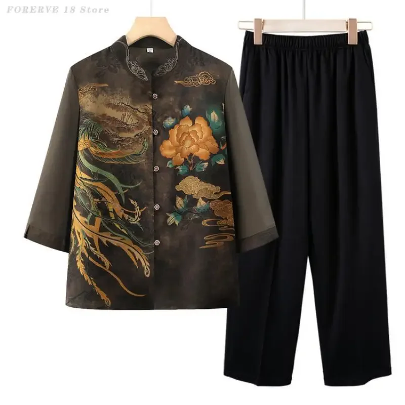 

Middle Aged Mother 2 Piece Set Women Hanfu Sets Spring Summer Tang Suit Printed 3/4 Sleeve Shirt&pant Loose Casual Blouses 5XL