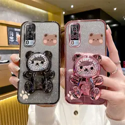 Glitter Bling Bear Holder Case On For Vivo Y02 Y3 Y5S Y9S Y10 Y11 Y15A Y16 Y17S Y21S Y22S Y27 Y30 Y33S Y35 Y36 4G 5G Stand Cover