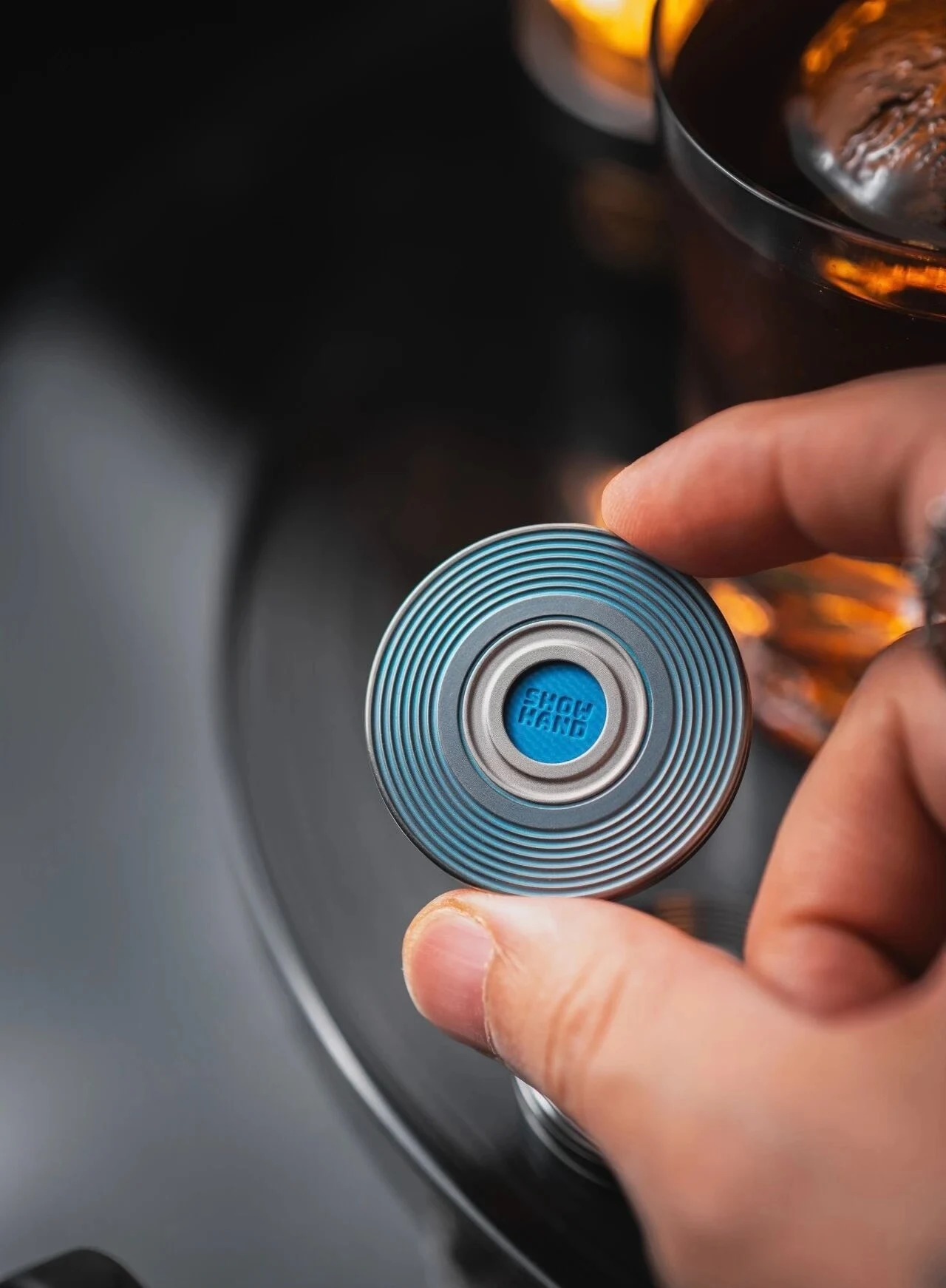 Used EDC Lautie Exhibition Vinyl Stud Coin, Titanium Blue Flynova Flying Spinner