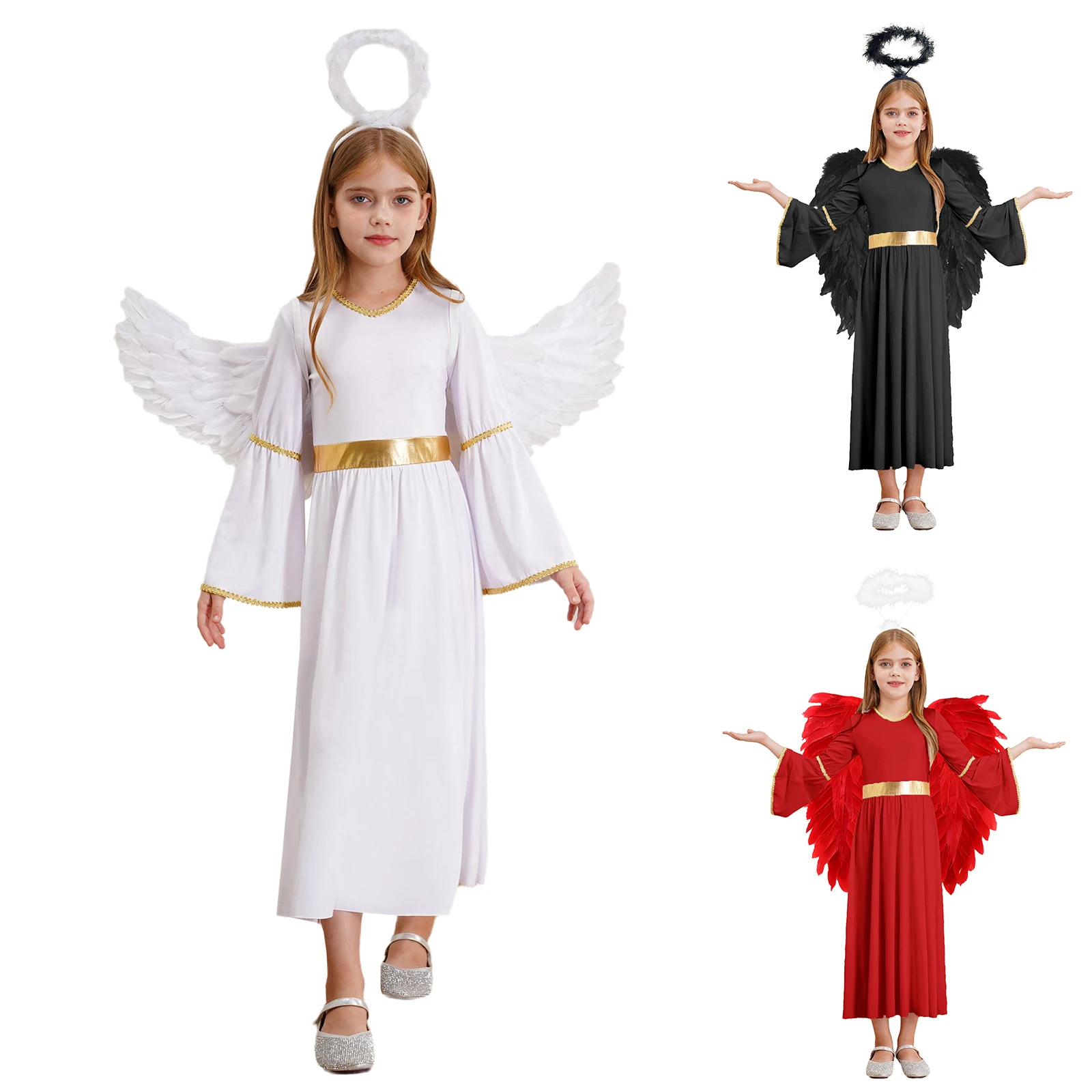 3Pcs Kids Girls Angel Costume Angel Dress Long Sleeve Gold Trim Dress with Feather Hairband + Angel Wings for Performance Dress-Up