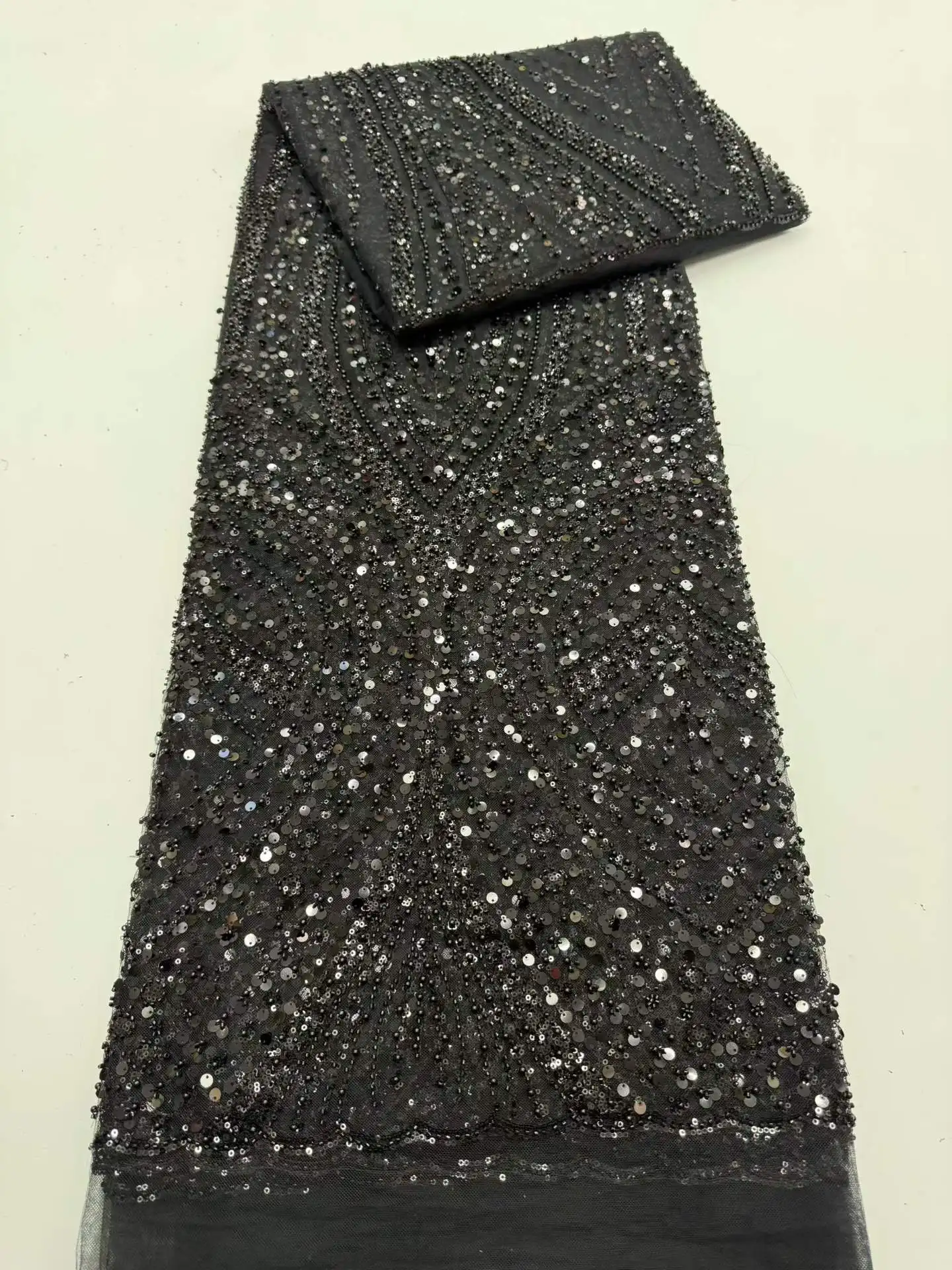 Brown African Beaded Mesh Lace Fabric Embroidery Sequins French Tulle Lace for Nigerian Wedding Party Dress 5 Yards SZ2703 image 3