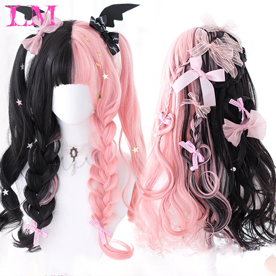 Lm cabelo sintético onda longa preto e rosa lolita perucas para mulheres cosplay peruca com franja halloween natal resistente ao calor