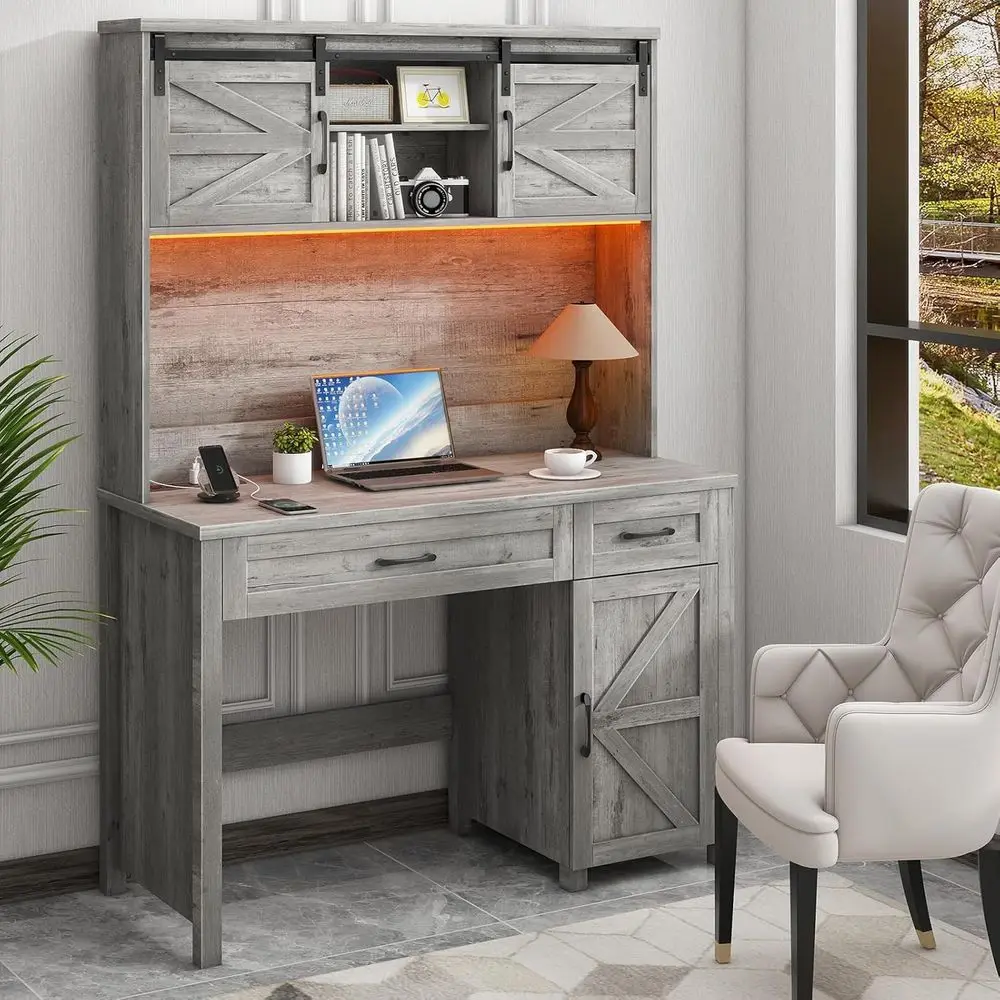 

47 Grey Executive Home Office Desk with Dual Drawers, LED Lighting, Storage Cabinet, and Charging Station