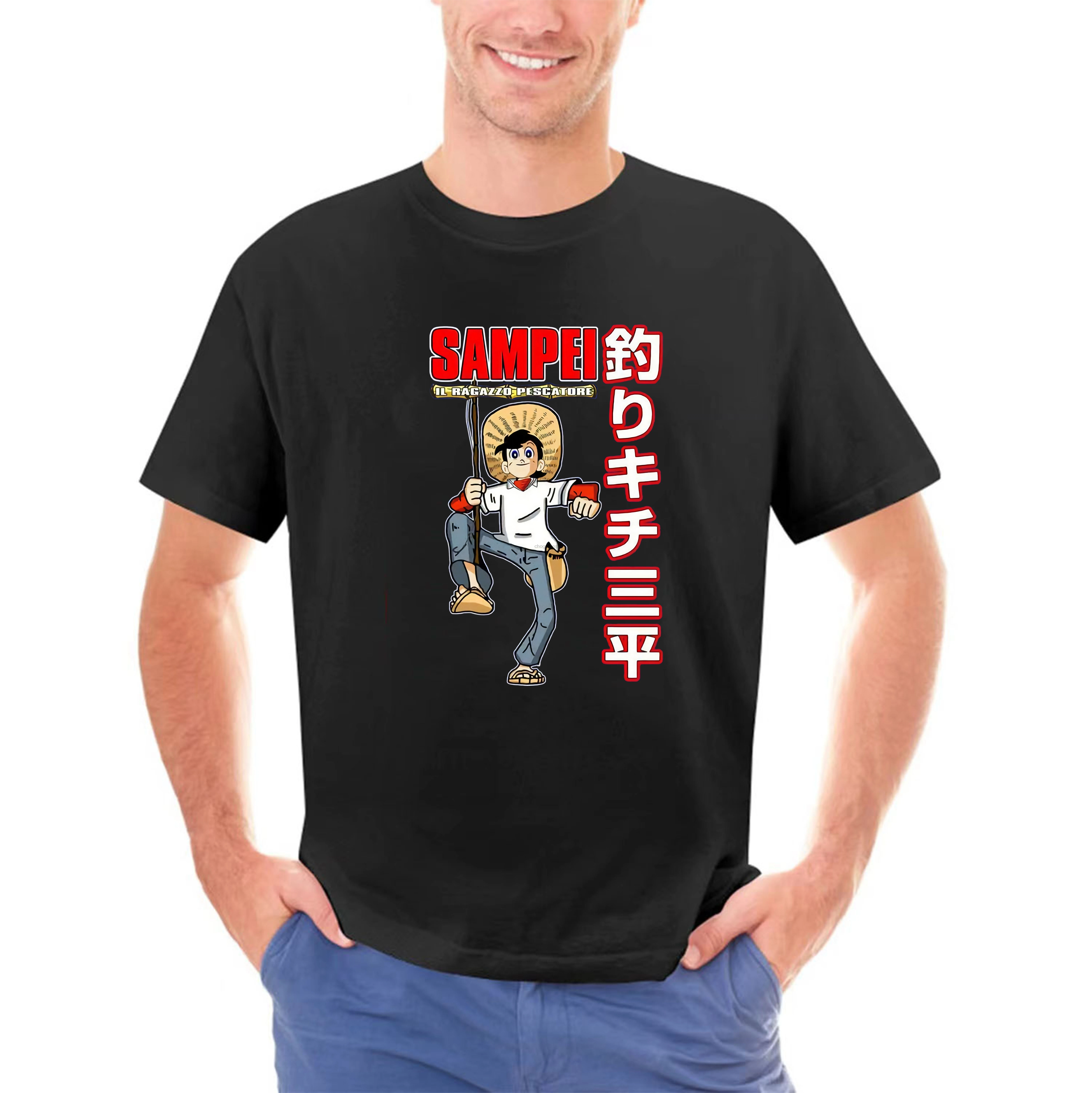 Camiseta de dibujos animados Sampei para hombre, camisa de pesca, estilo informal, Anni 80, Uomo