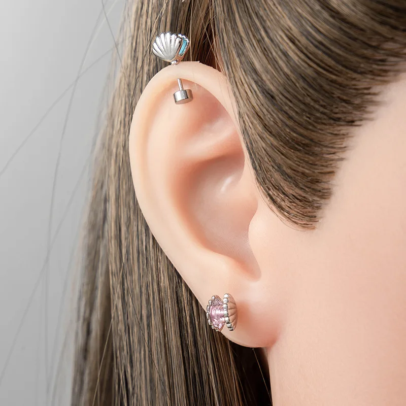 Titanium Ear Stud Earrings, 20G Copper with Cubic Zircon Shell Top Flat Back Labret Stud Earring Piercing Jewelry for Women Teen