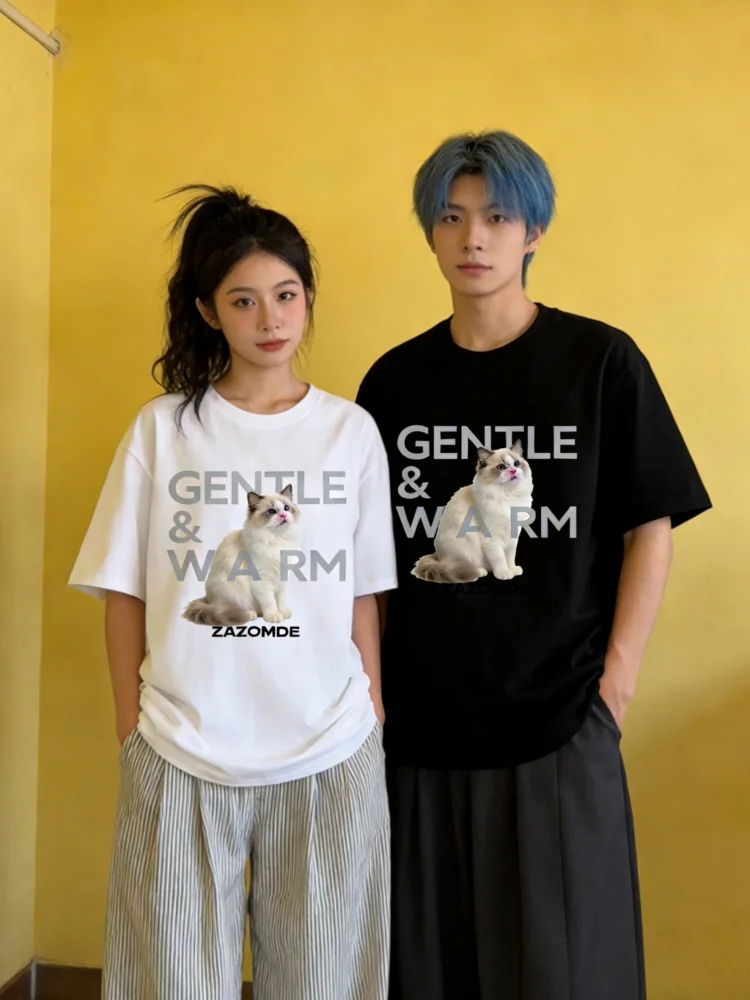 

Винтажная корейская повседневная хлопковая футболка ZAZOMDE свободного кроя с коротким рукавом и нежным принтом кошки, парная, в уличном стиле