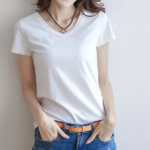 O 넥 V 넥 반팔 기본 셔츠 & 블라우스 여성 봄 여름 신작 Bottoming Crop Tops 블랙 캐주얼 슬림 티셔츠 All-match