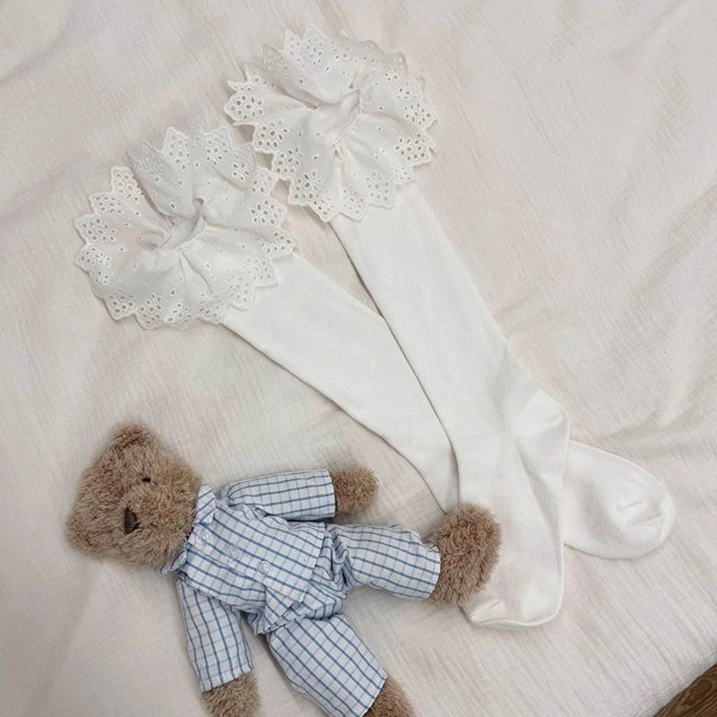 

Women Mid-Calf Socks Sexy Hollow Lace Pleated Trim Cotton Stocking