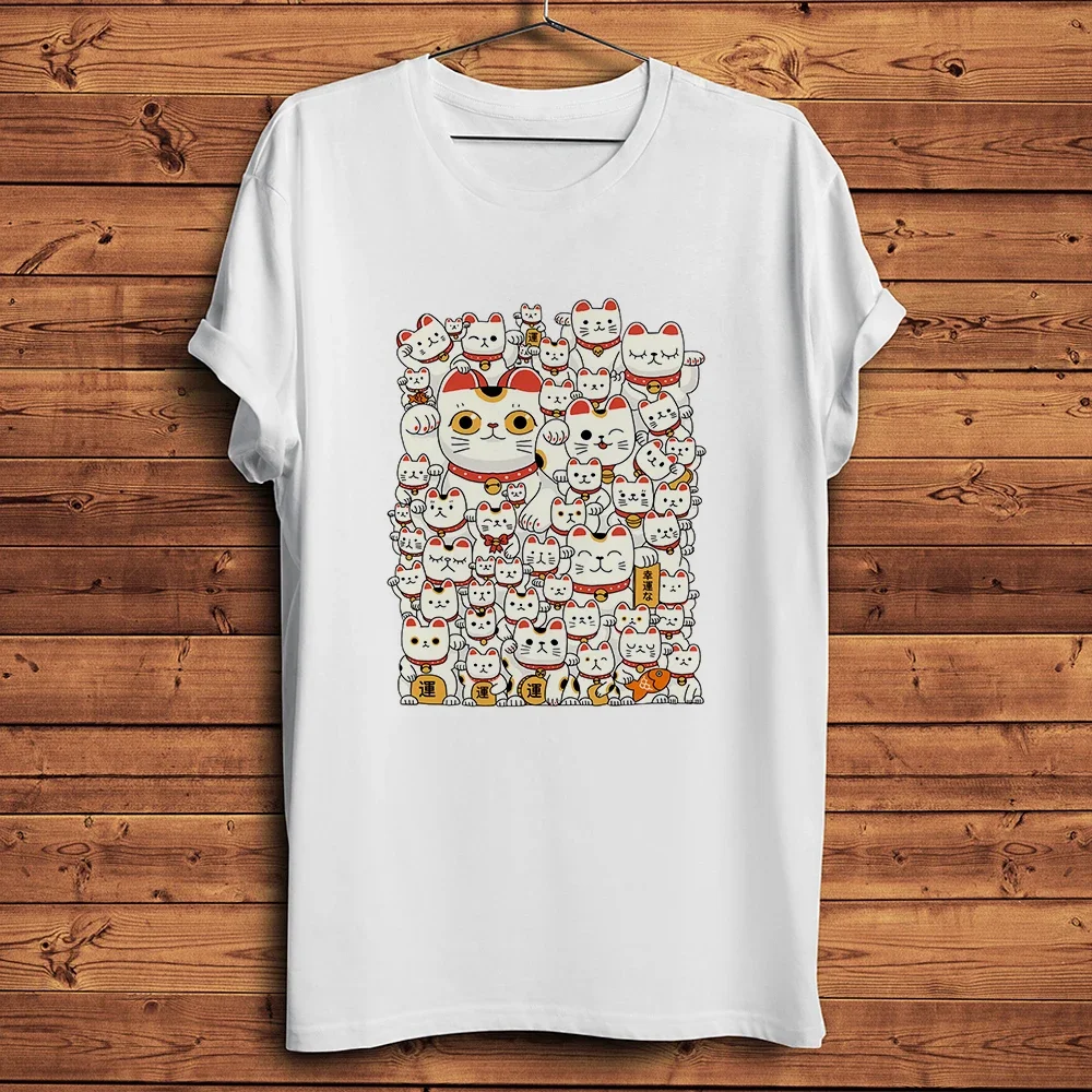 Maneki Neko Meow Crowd Funny Lucky Cats T-shirt Unisex White Casual Short Sleeve TShirt,streetwear,Breathable No-cracking Print