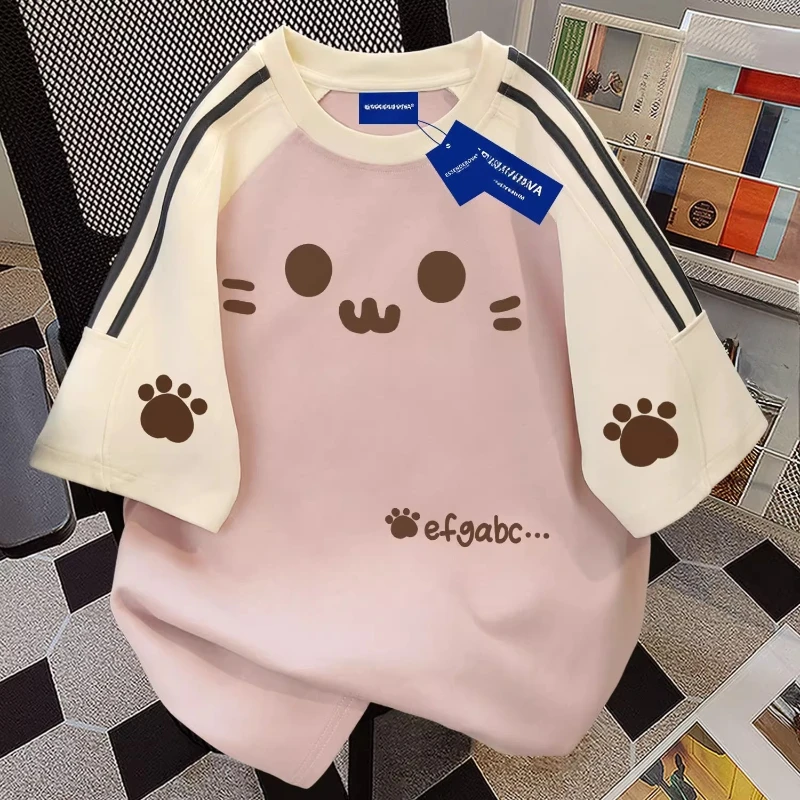 

Cartoon Print T Shirts Contrast Color Short Sleeve Casual Loose Tops Preppy Style Tees 2025 Summer New Kawaii Women's Clothing