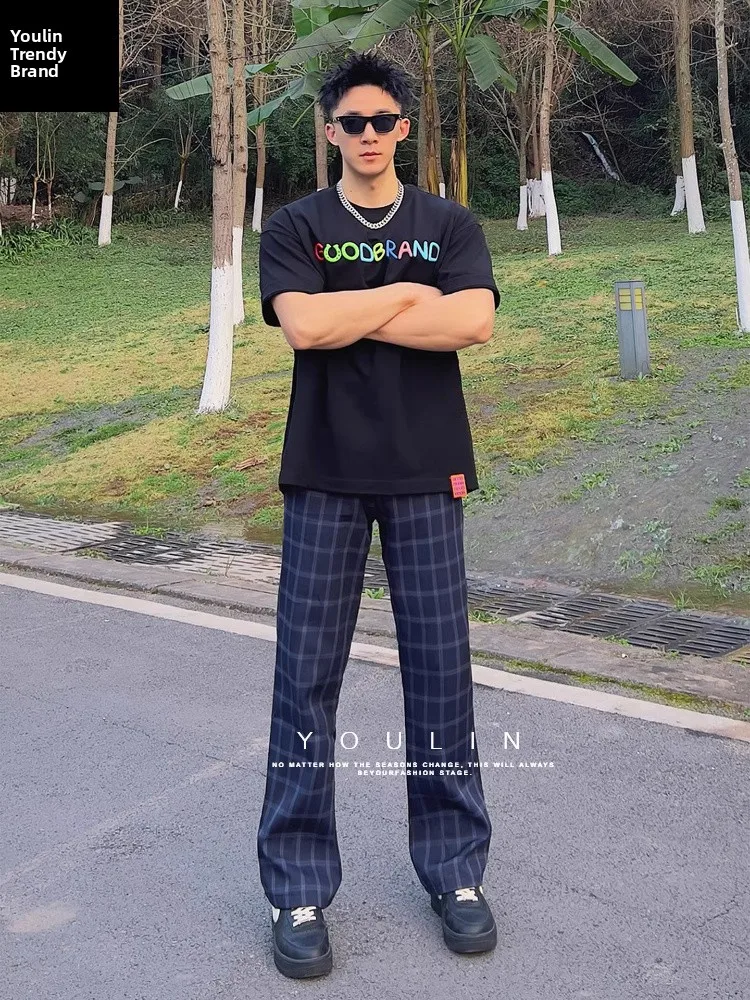 

Мужские брюки в американском стиле в клетку, с высокой талией, прямые, слегка расклешенные, CleanFit, для спорта и фитнеса, длинные, ретро, повседневные