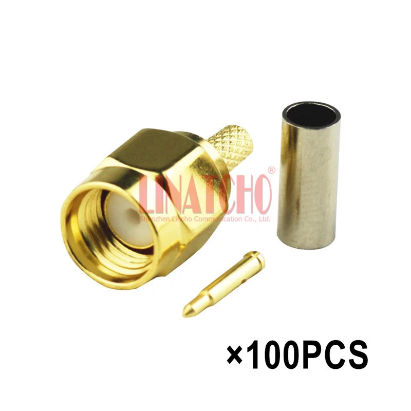 100PCS RF Coax RG316 RG174 LMR100 Cable Straight Gold Plated Brass PTFE Crimp SMA Male Plug Connector
