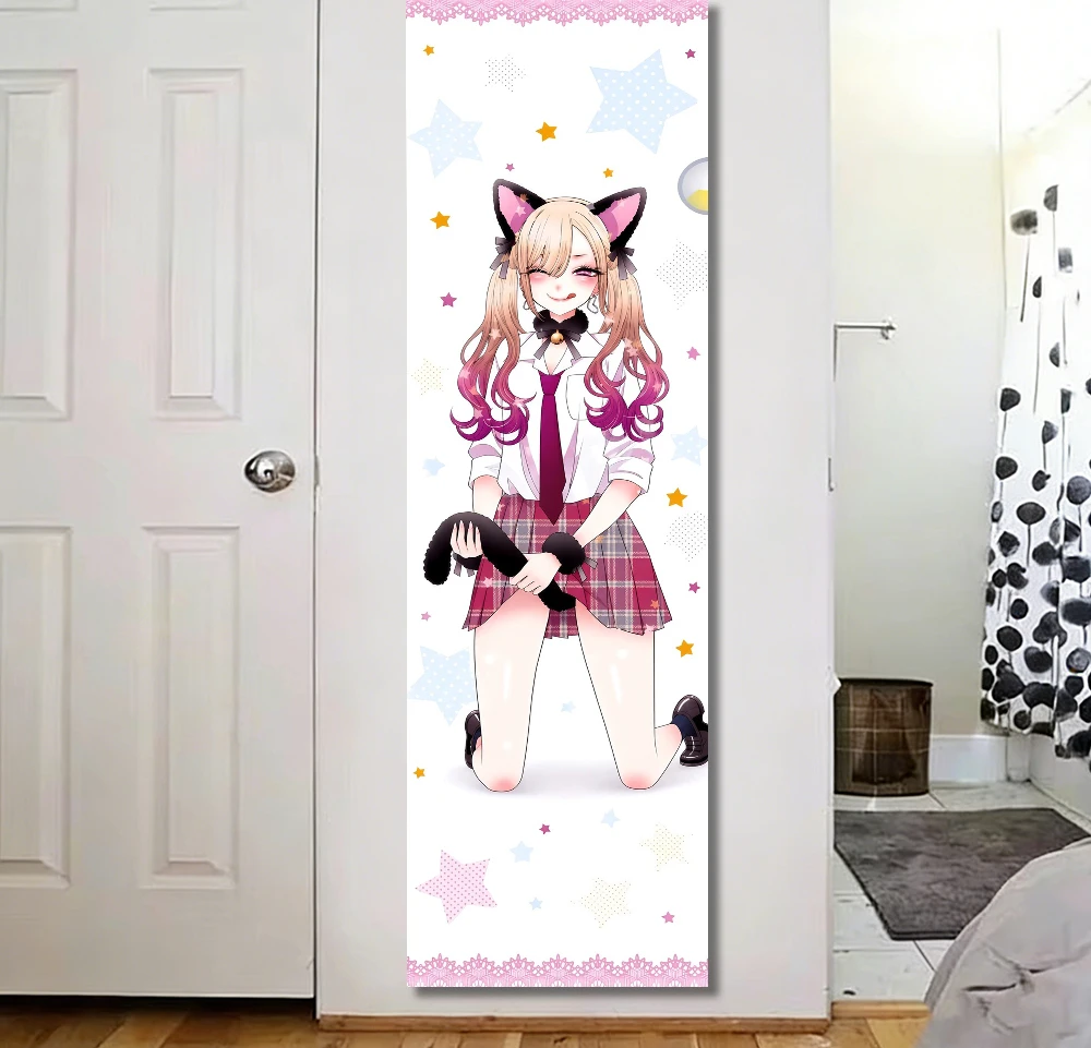 Kawaii Neko Cat Girl Tapestry Vertical Long Banner School Uniform Pink Blonde Hair Print Wall Hanging Aesthetic Background Cloth
