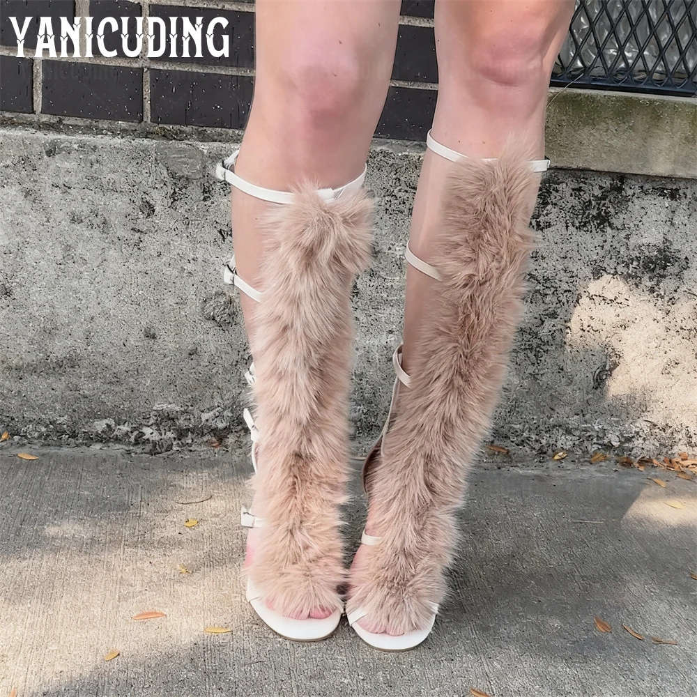 فو الفراء قفص صندل الأحذية المصارع نمط المفتوحة اللوز تو الخناجر رمح مع خمسة قابل للتعديل التوى الأشرطة الصيف الصنادل #4