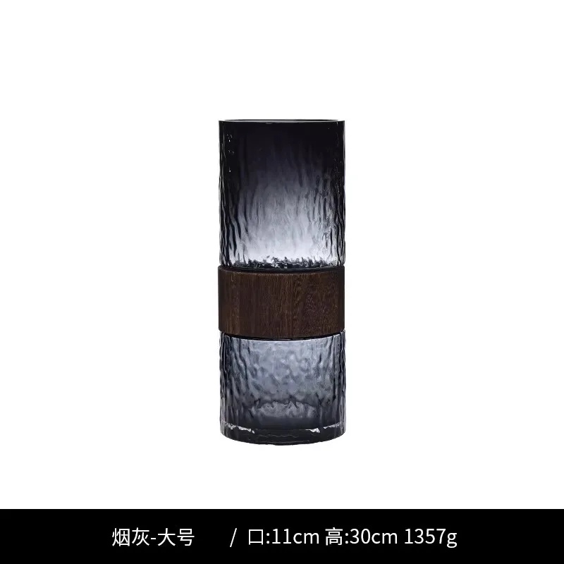 Art deco minimalist creative large hydroponic lucky bamboo vase, natural wood base, glass tabletop