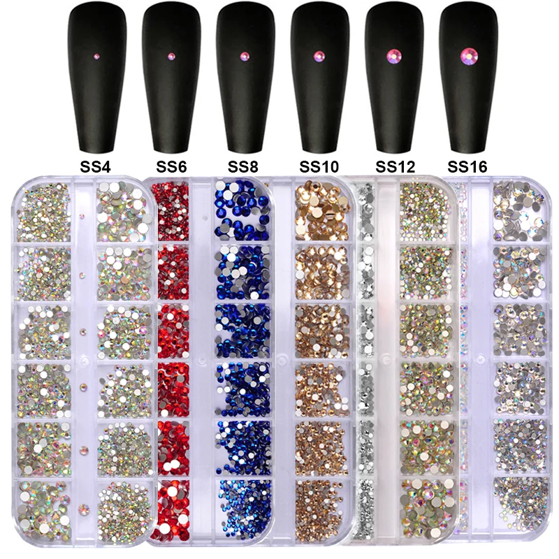 New Mixed Size Colorful SS4-SS16 Nail Art Flat Back Crystal Rhinestones 12 Grids Packing Glitter Nail Art Luxurious Decorations