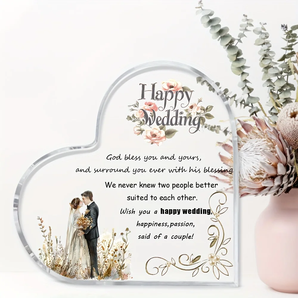 Heart Acrylic Desk Plaque Wedding Gift, Watercolor Bride Groom Happy Wedding Tabletop Ornament