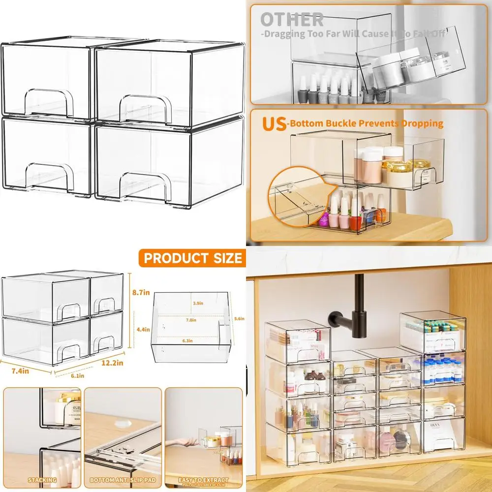 

Stackable Acrylic Storage Drawers - 4 Pack, 4.4 Tall, Clear for Bathroom & Makeup Organization, Undersink Cabinet Storage Soluti
