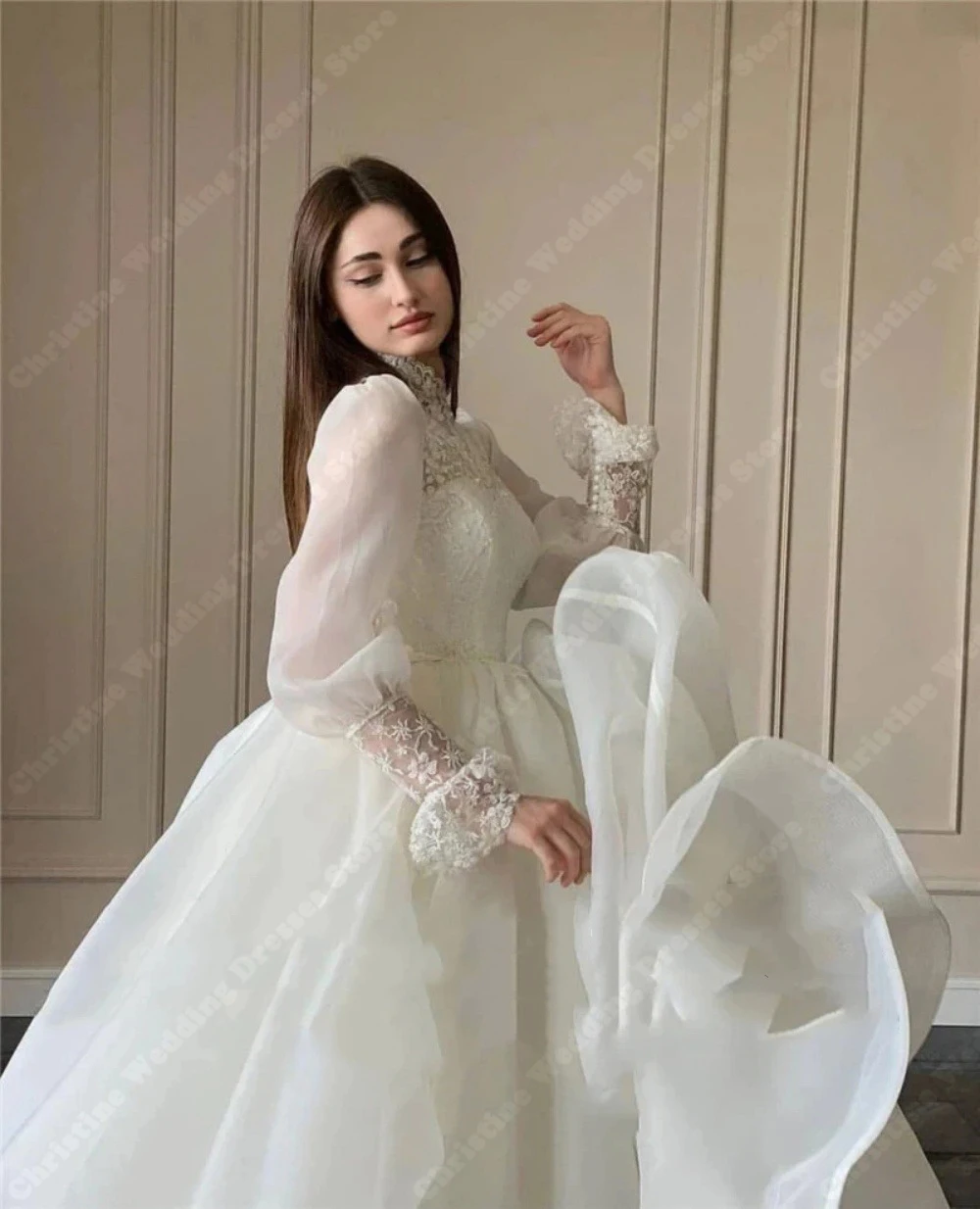 Vestidos de novia de manga larga y esponjosa, línea A, cuello alto, falda grande de banquete, dobladillo bordado de encaje, bohemio, novia