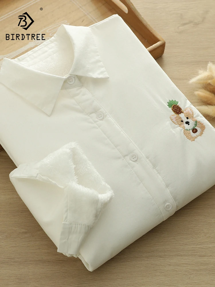 جديد 2025 الخريف قميص قطني بكم طويل الصوف ، المرأة بدوره إلى أسفل طوق التطريز ، موري فتاة الدافئة لطيف بلوزة فضفاضة T59822CC