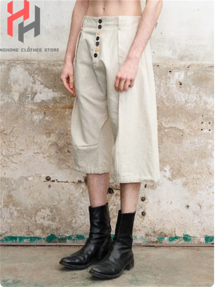 【Customized】Original cotton and linen blended button-down deconstructed seven-inch pants with pleated low crotch bottom section