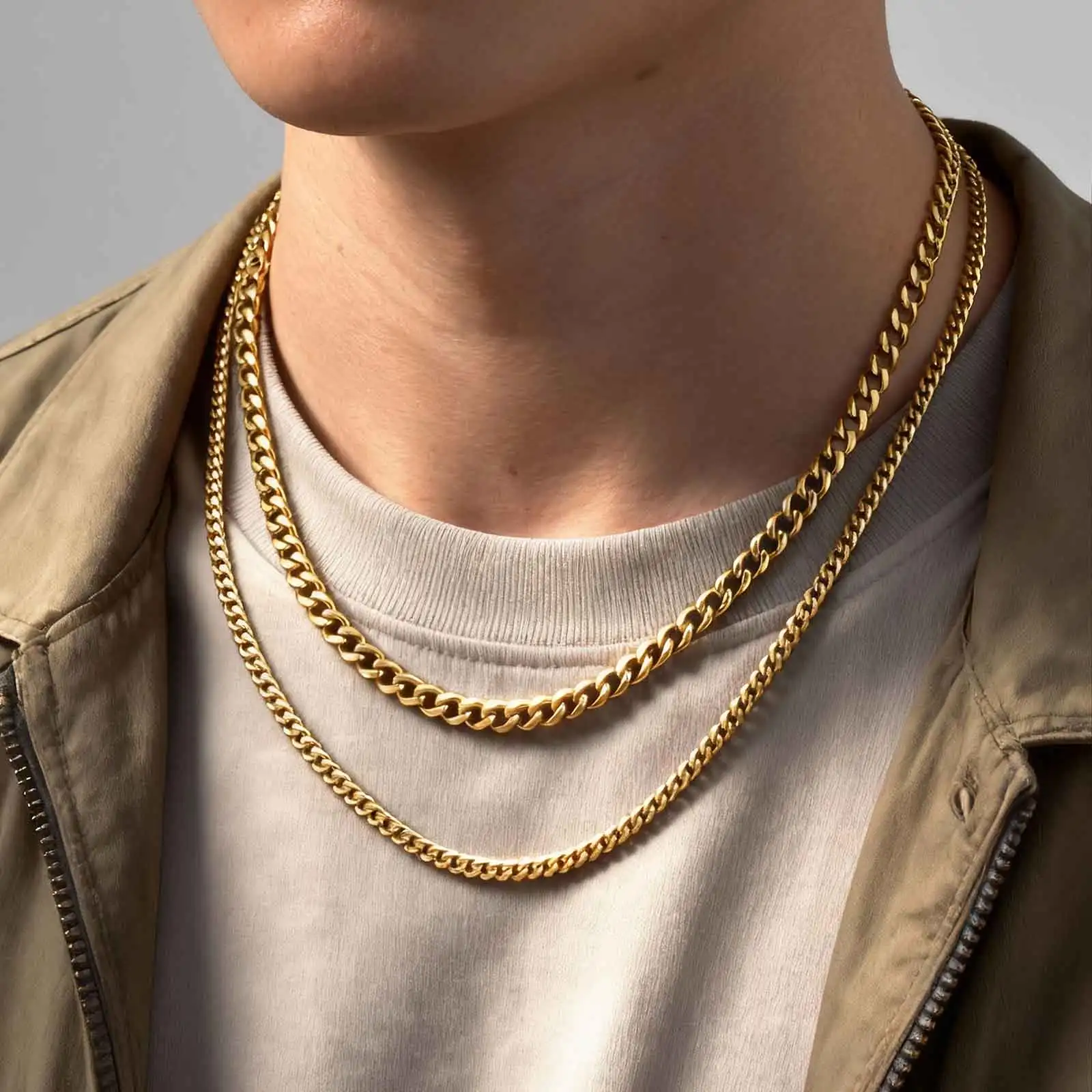 2 Stück Trendige Kettenhalsketten für Männer und Jungen, Edelstahl in Silber- und Goldfarbe, Kubanische Kettenhalsbänder, Kastenkette, Gedrehte Seilkette als Geschenk – Detail 3
