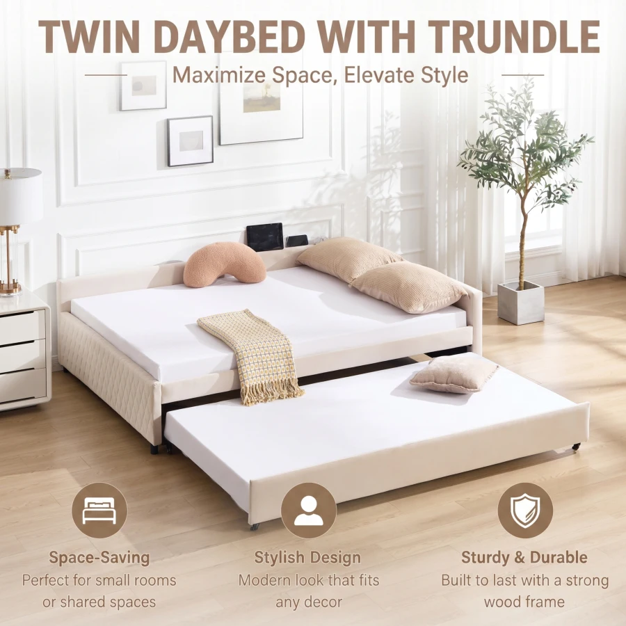 Upholstered Daybed with Trundle, sturdy wooden bed frame, modern diamond grid design, for Bedroom, Guest Room Beige Mattress Co