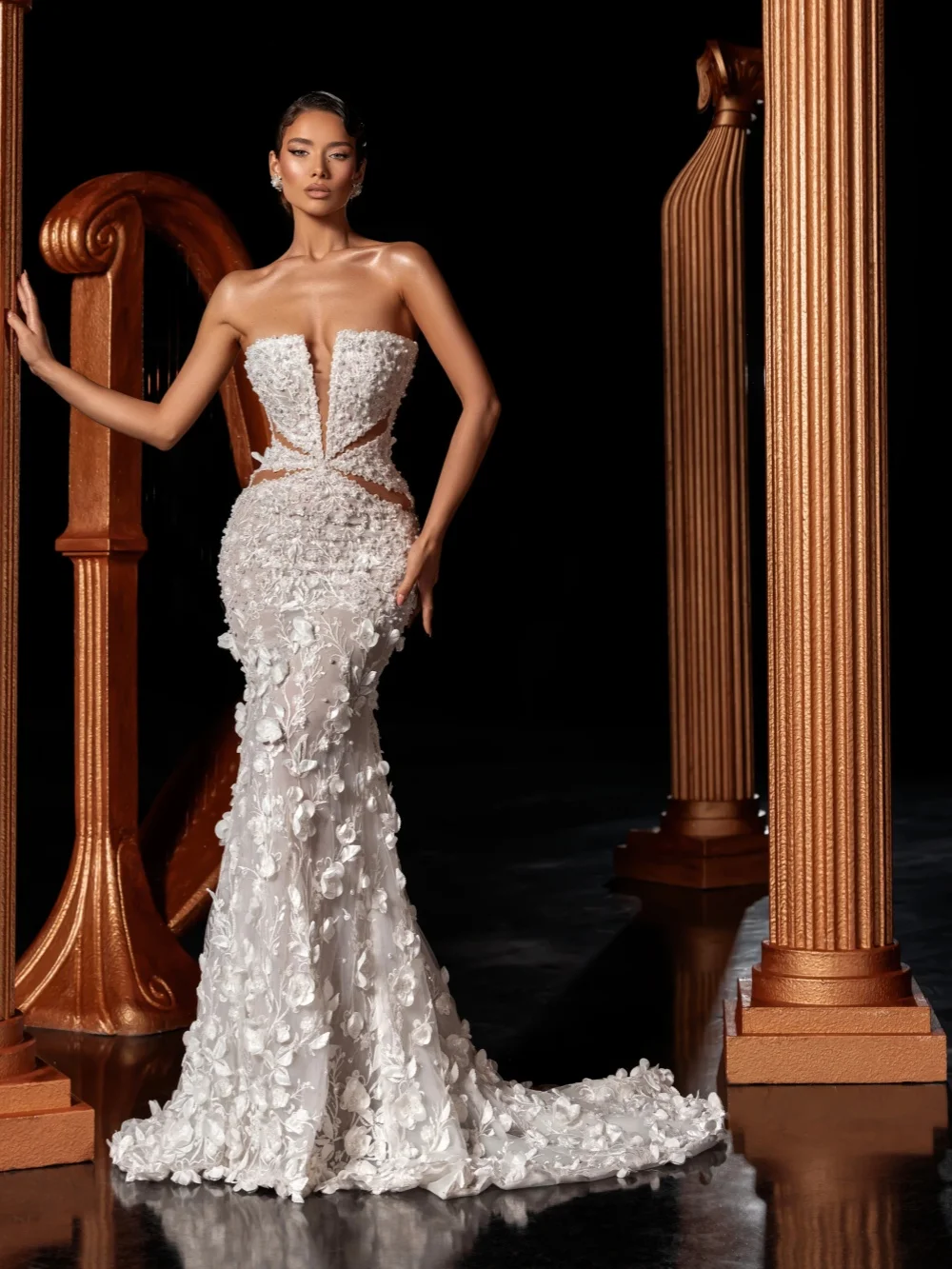 فستان زفاف مصنوع يدويًا ثلاثي الأبعاد مزين بالزهور مع أكمام كيب لؤلؤ رائع حورية البحر فستان زفاف مخصص للعروس #3