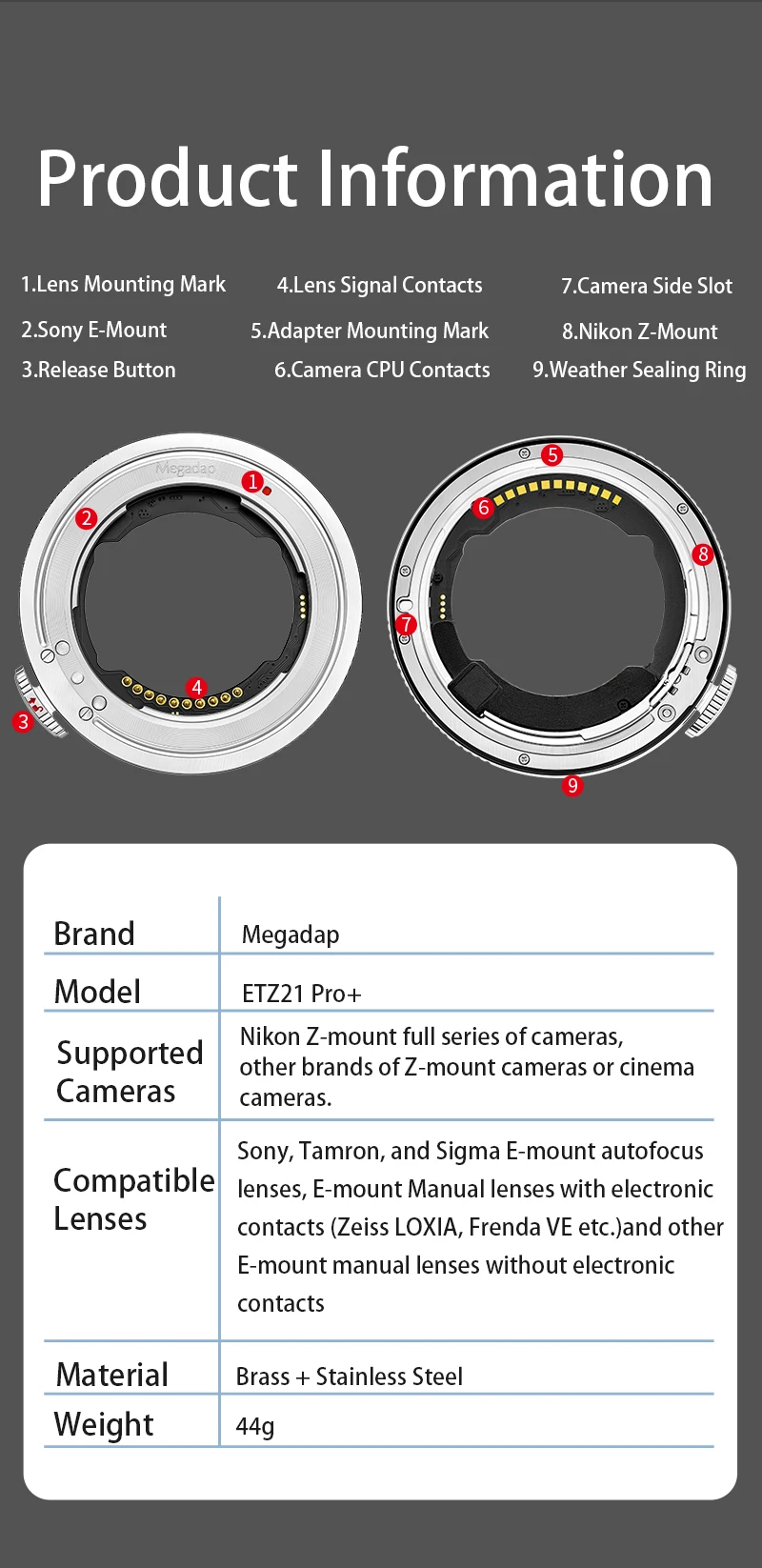 MEGADAP ETZ21 Pro+ Autofokus-Adapter für Sony E Tamron Sigma Objektive auf Nikon ZR ZF Z6II Z5 Z5IIC ZFC Z8 Z9 Z8 Z7 Z7II Z7 Z6II Z50 – Detail 9