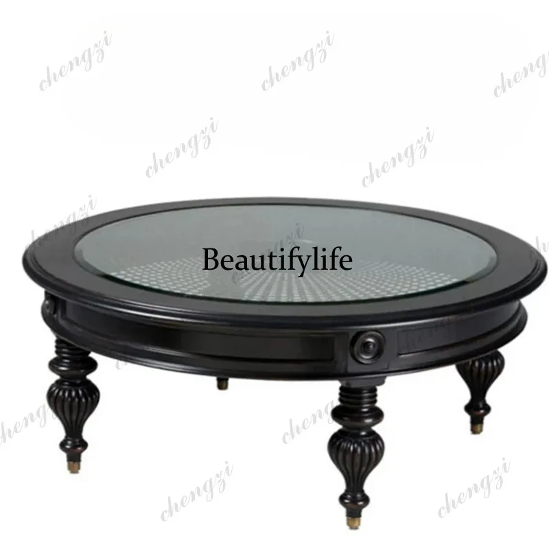 North American coffee table French retro engraving old rattan art American Nordic glass round coffee table