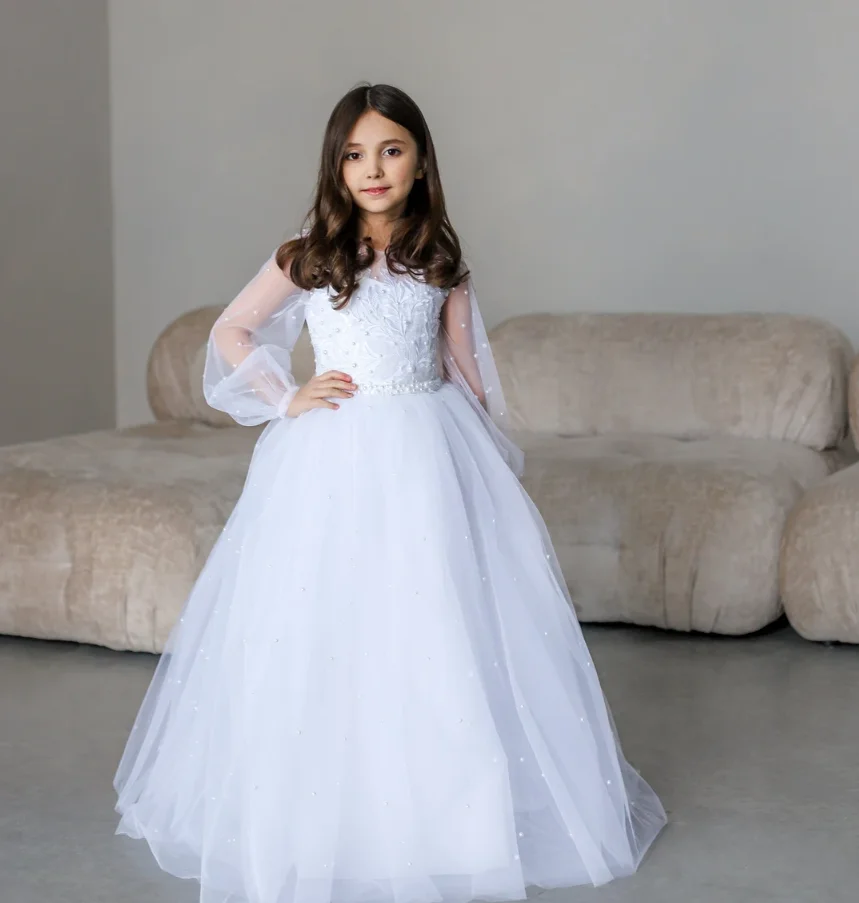 

Customized Long Sleeve White Ivory Flower Girl Dresses for Wedding Guest Child Kids Lace Floral Tulle Ball Gown First Communion