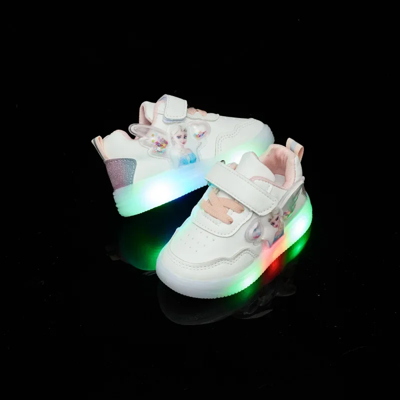 Disney Kids Girls Shoes 2024 Children Sneakers Girls Elsa Frozen Princess Casual Sport Shoes Student Shoes LED Lights Shoes