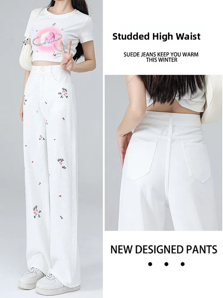 

White Wide Leg Pants Women's Early Autumn Best Selling 2024 New High Waist Ironed Diamond Embroidery Straight Loose Slimming ...