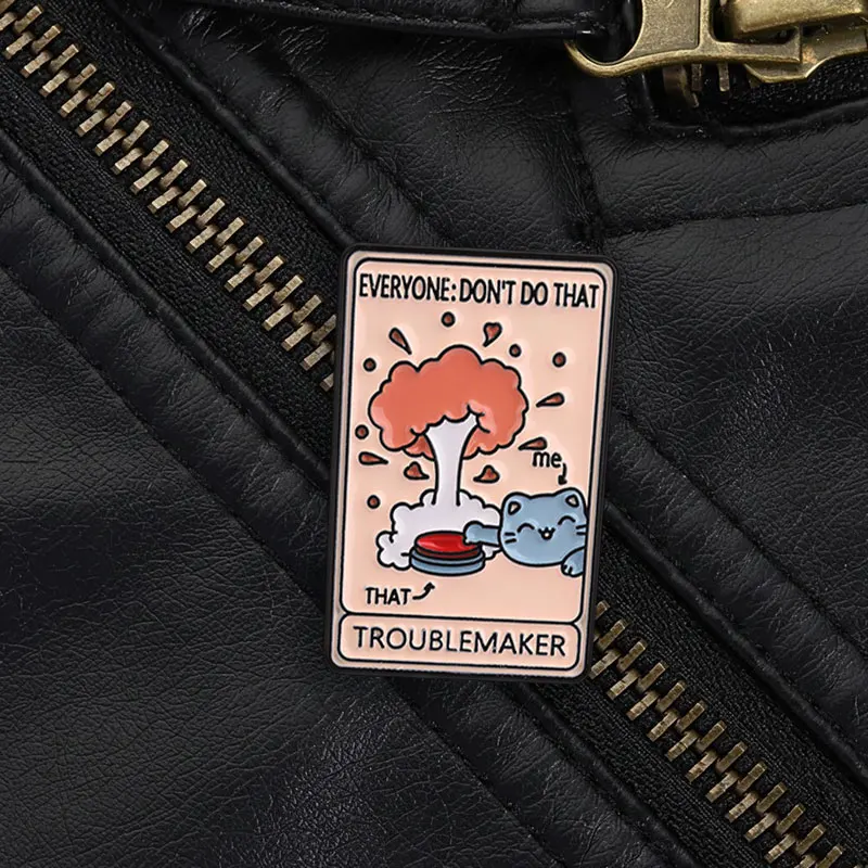 Troublemaker Cat Push Button Pin, Funny Meme Brooch With Blue Kitten And Explosion Graphic For Edgy Teens And Streetwear Style