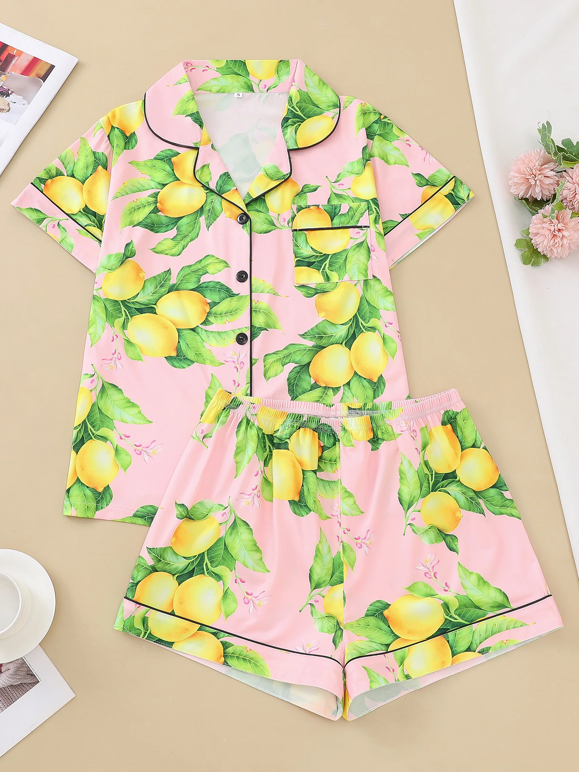 Foundation make-up lemon cardigan women\'s pajamas set short sleeve top and loose shorts comfortable women\'s pajamas