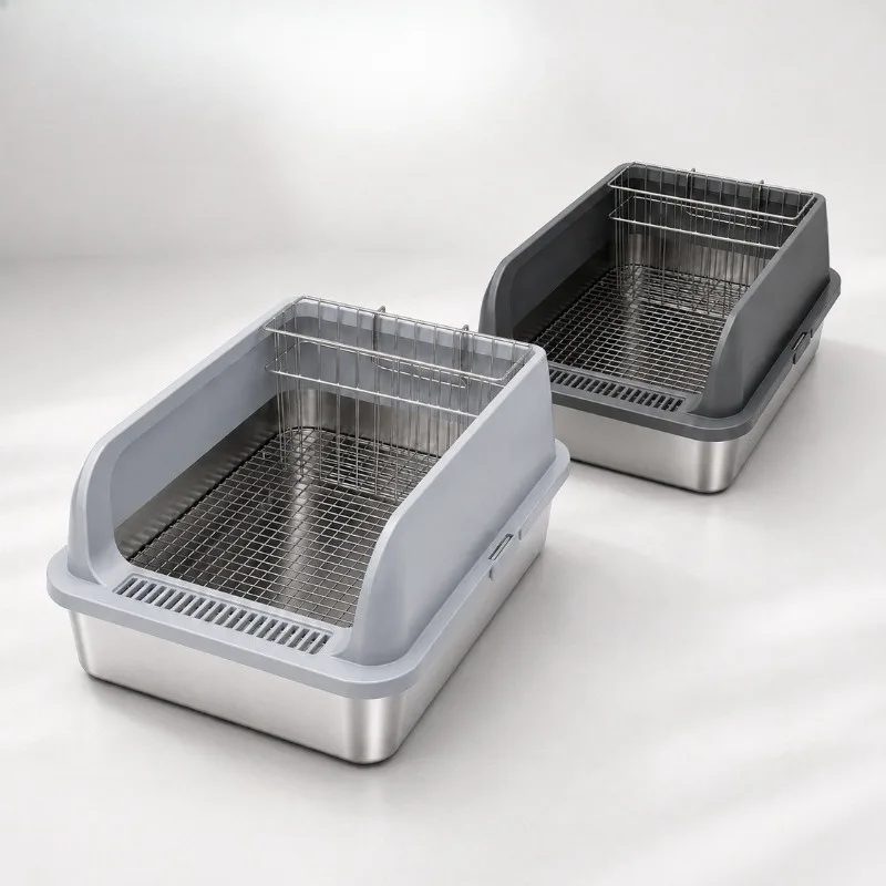 High-Sided Rabbit Toilet with Hay Frame Stainless Steel Rabbits Litter Box Anti-overturn Small Pets Toilets Pet Accessories