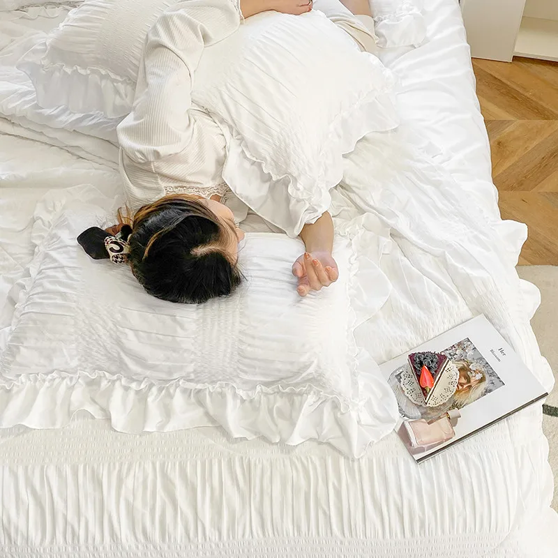 White Cute Seersucker Fabric Summer Air Conditioner Quilt Blankets Bedspread Comforter Bed Cover Sheet Pillowcase 1-4pcs #/