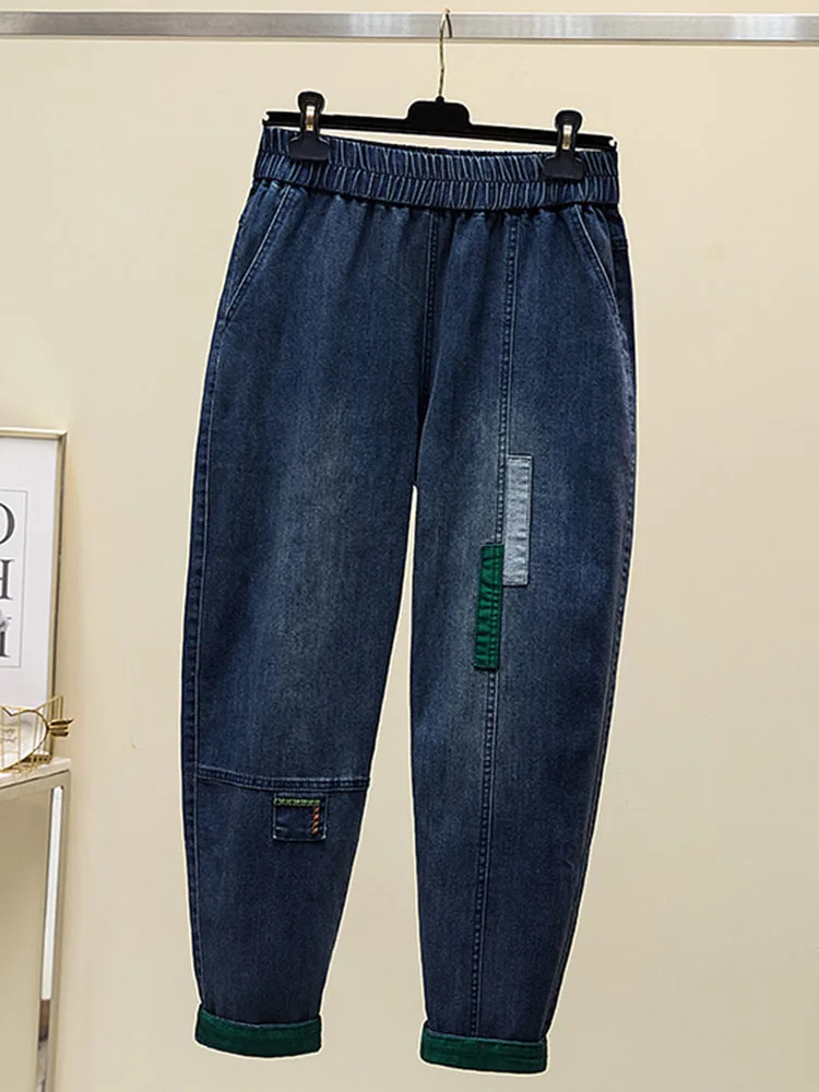 Harem Jeans de tornozelo feminino, largas, grandes dimensões, vintage, casual, calças jeans, calças de cintura alta, streetwear de moda, 100kg