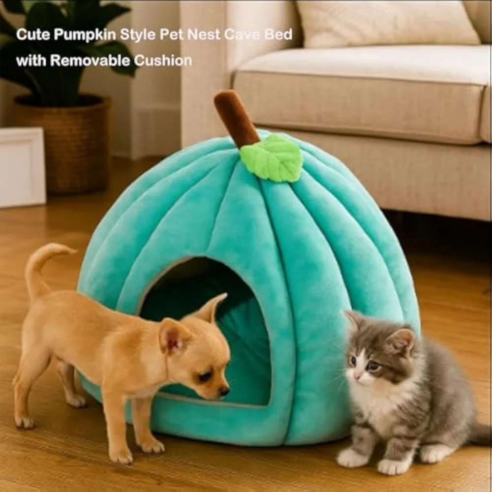 سرير كهف قطط على شكل يقطين مع وسادة قابلة للإزالة للحيوانات الأليفة الصغيرة