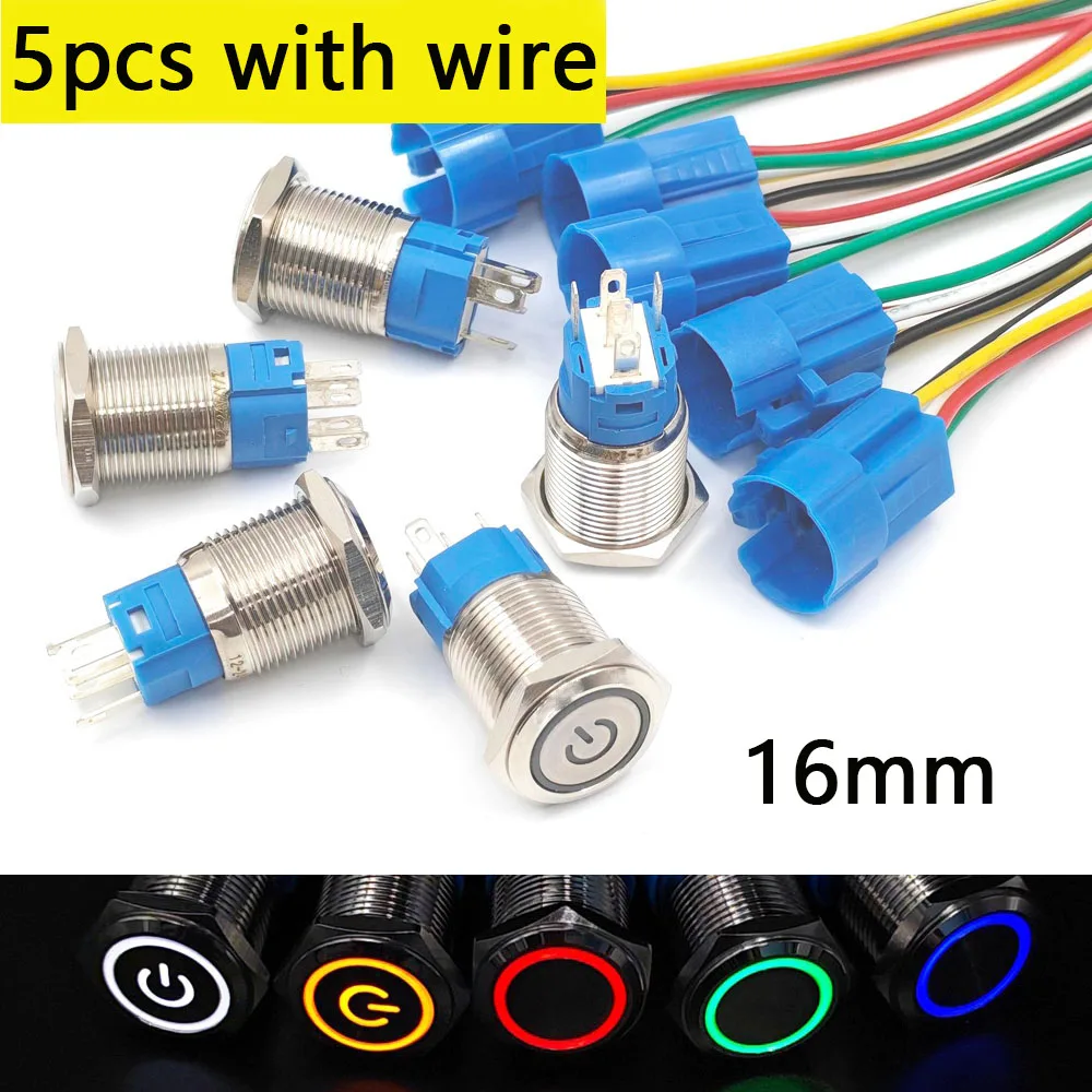 

5 pcs 16mm 12V Metal Push Button Switch LED Light 1NO1NC Waterproof Momentary Self lock With Socket On Off Power 24V 220V Blue