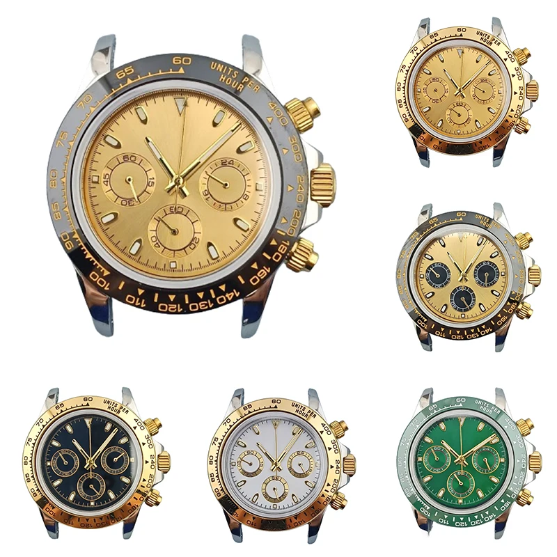 Custom LOGO 39.5mm VK63 Men's Gold Crown Watch Case 316L Stainless Steel Sapphire Glass Luminous Dial Chronograph Waterproof