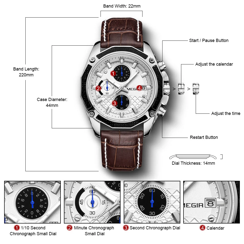 MEGIR Men's Watches Fashion Quartz Sports Large Dial Wristwatches Leather Strap Casual Waterproof Clock Chronograph Montre Homme